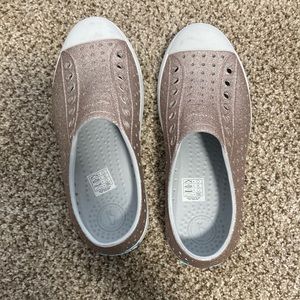 sparkling pink and white shoes